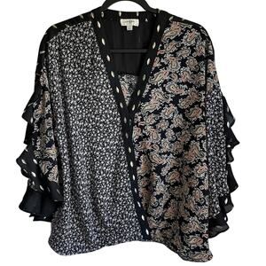 Umgee Boho Floral Paisley Metallic Top Sz L V-Neck 3/4 Bell Sleeves Festival